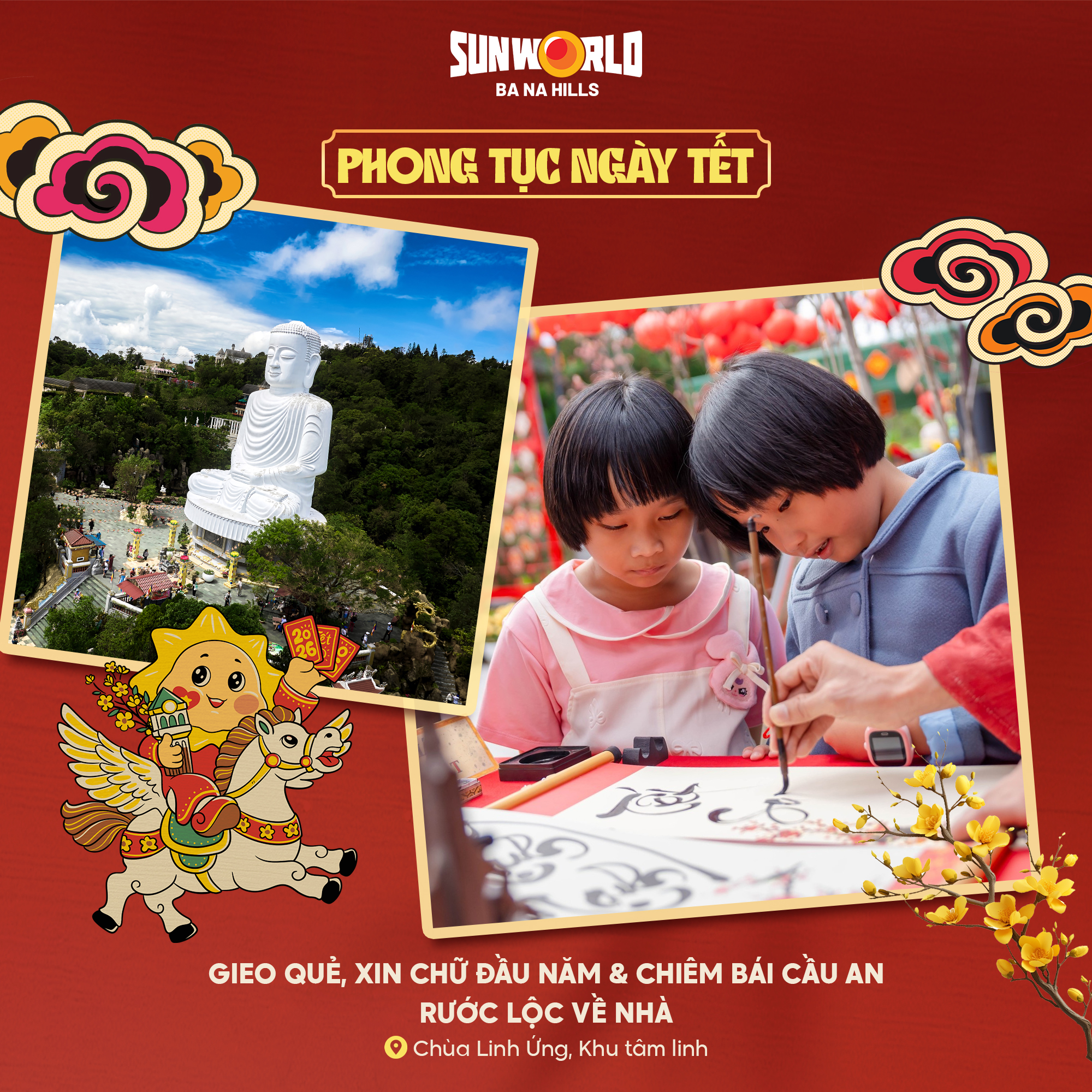 Phong tục Tết Nguyên Đán tại Bà Nà Hills, trẻ em vẽ tranh và tượng Phật lớn.